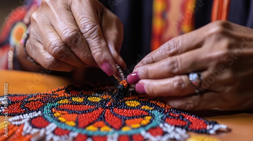 Intricate beadwork creation: Hands meticulously crafting a colorful beaded design