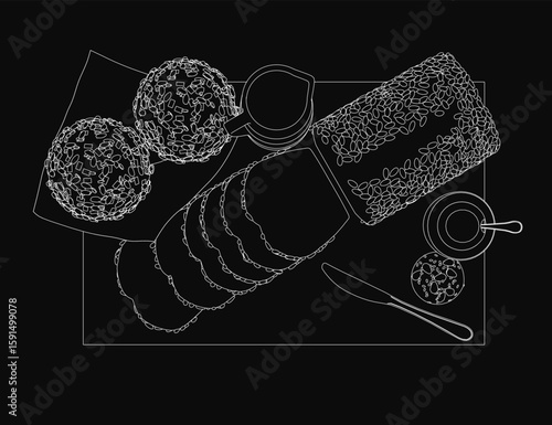 A black and white contour drawing of a breakfast plate with neatly arranged utensils, including a knife, cup, and saucer. The deep black background contrasts sharply with the white food.