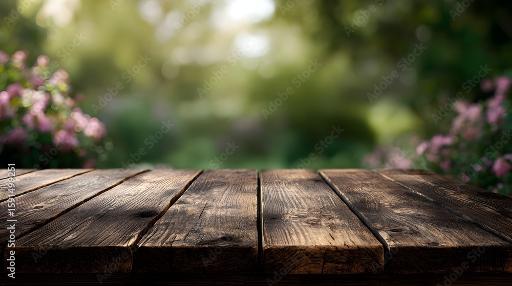 Fototapeta premium Wooden table in a tranquil outdoor garden setting