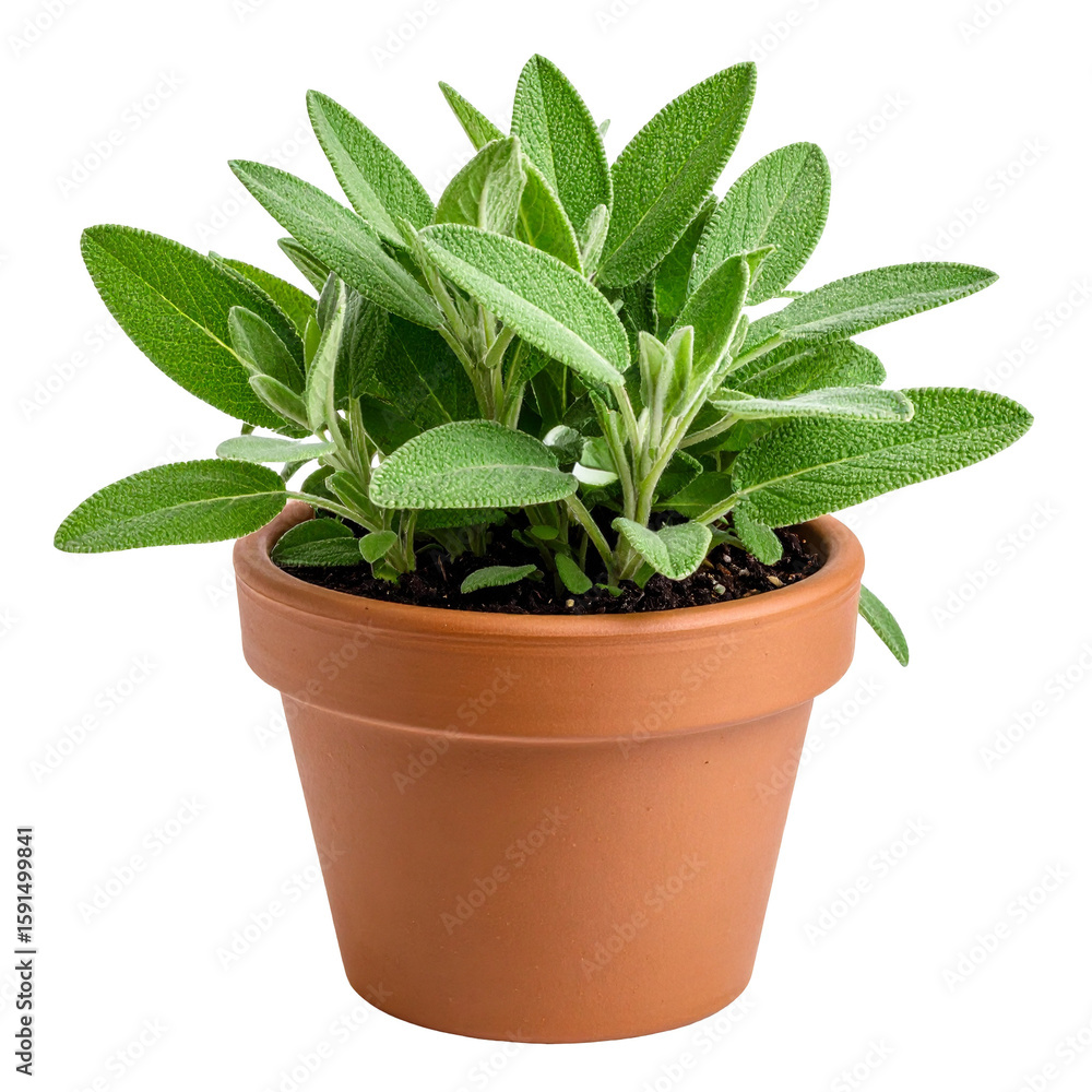 Fototapeta premium Lush green common sage plant with textured leaves growing in a terracotta pot.