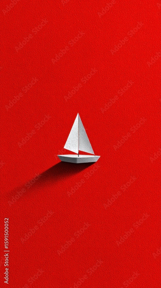 Fototapeta premium Paper sailboat on vibrant red background with dramatic shadow