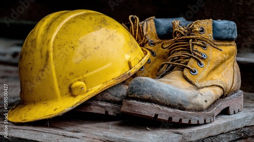 Dirty work boots and hard hat