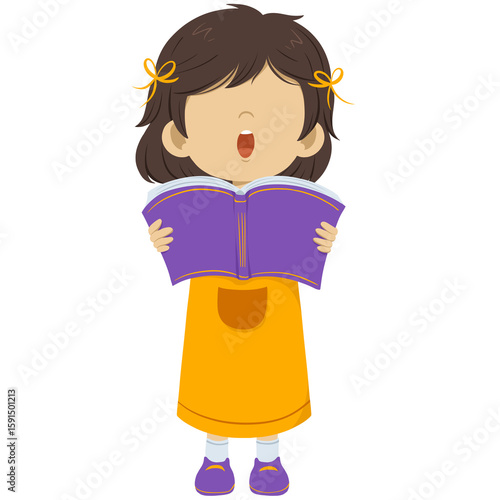 Cute Cartoon Girl Reading, Singing From A Book Illustration Design