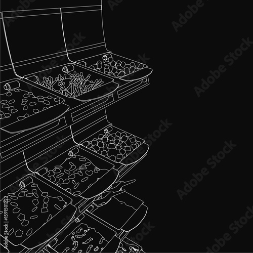 A black and white illustration of a shelf stocked with various foods, including fruits and vegetables, in clean contour lines. The dark background creates a mysterious atmosphere.