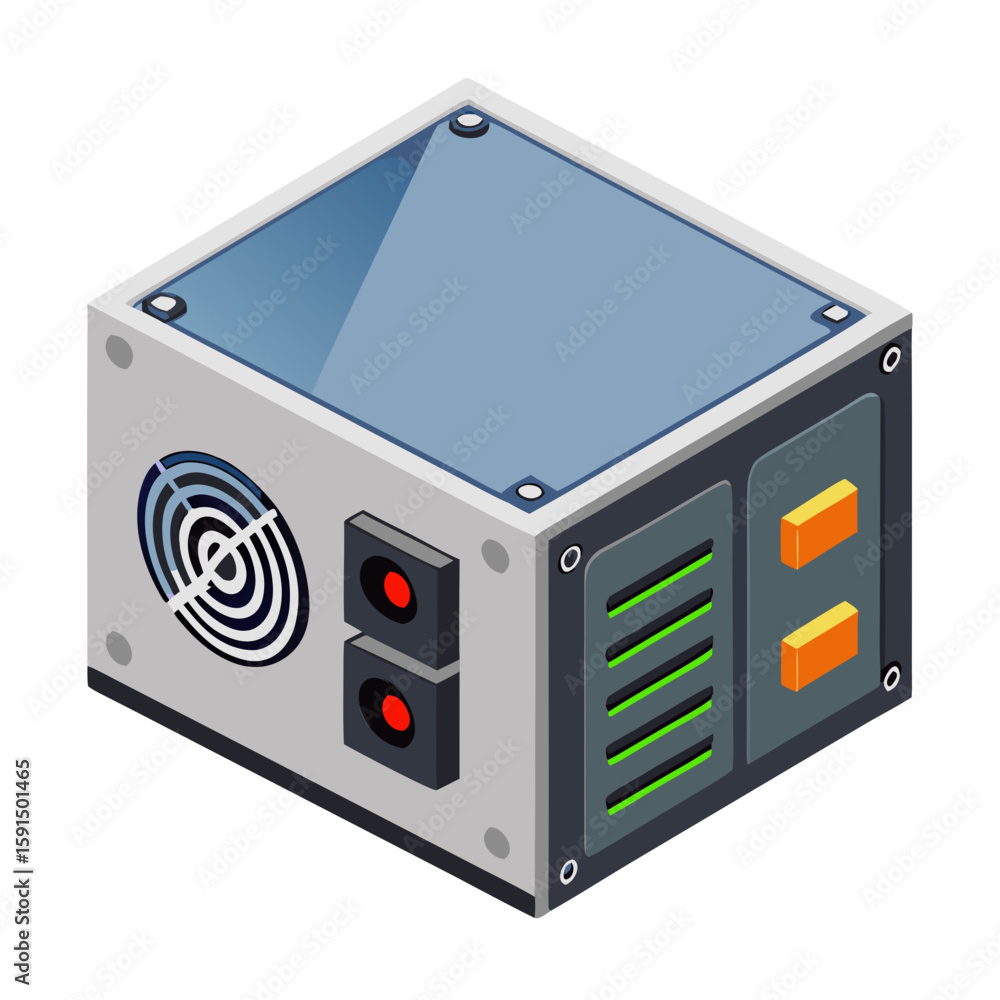 Fototapeta premium Computer AC power supply unit in isometric view with connectors 