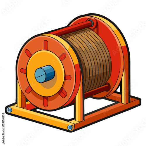 Cable winch drum with coils on a sturdy support stand  