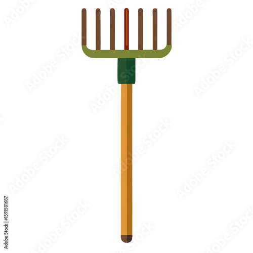Garden rake with wooden handle and metal tines on white background  