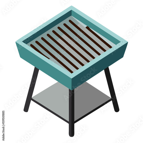 Square barbecue grill with metal grate and wooden legs  