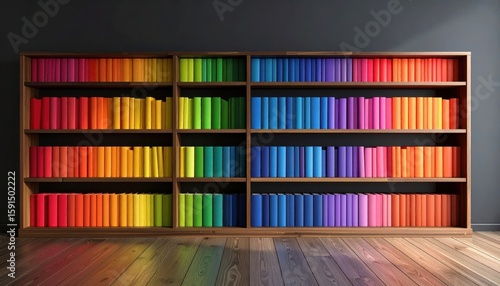 Vibrant rainbow-colored books neatly arranged on a wooden bookshelf, creating a striking contrast against a dark wall in a modern room.
