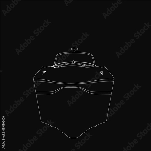 A sleek speedboat is outlined in crisp white against a deep black background, creating a striking contrast. The minimalist contour design emphasizes the boat's dynamic shape and movement.