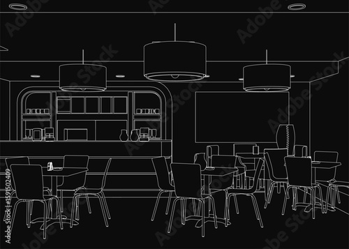 A black and white contour drawing of a restaurant interior features neatly arranged tables and chairs. Bottles and objects adorn the tabletops, while a textured wall and hanging lights complete.