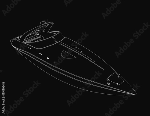 Sleek speedboat contour in black and white, showcasing detailed curves and dynamic lines against a dark background. The minimalist design highlights the boat's aerodynamic shape and powerful.