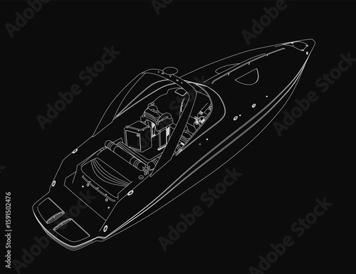Sleek speedboat contour drawing in black and white on a dark background highlights the boat's dynamic curves and sharp lines. The detailed illustration captures the vessel's aerodynamic design.