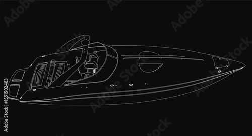 A sleek black and white speedboat contour stands out against a dark background with intricate detailing. The boat's smooth curves and sharp lines create a striking contrast.