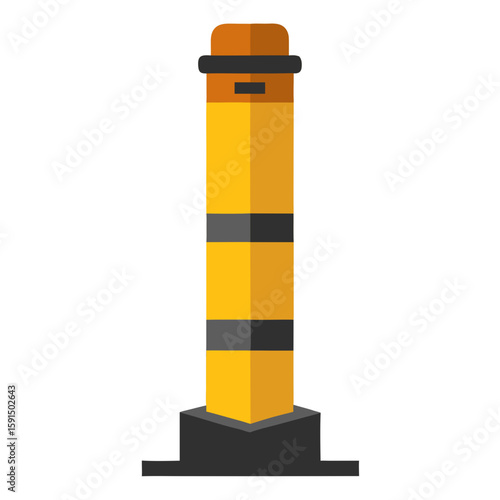 Yellow safety bollard with black stripes on concrete base  