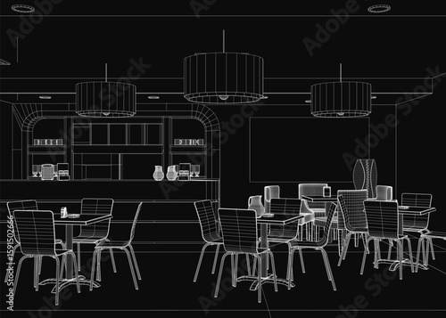 A wireframe drawing of a restaurant interior features neatly arranged tables and chairs, glasses and jars on tabletops, and pendant lights suspended from the ceiling.