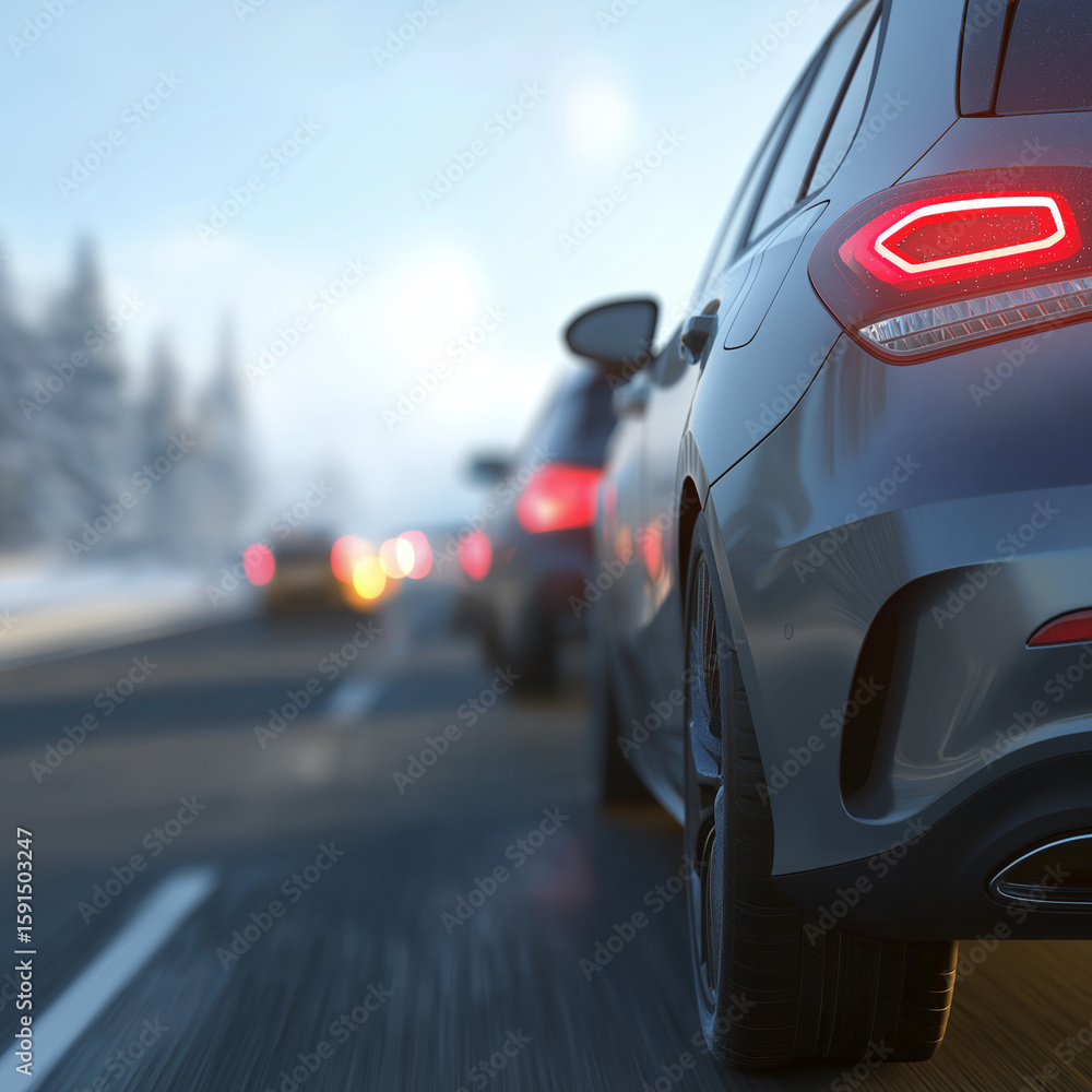 Naklejka premium Rear angle view of vehicles traveling on a highway