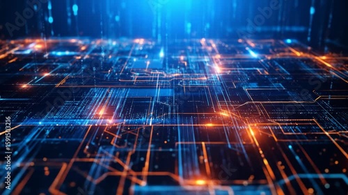 A digital landscape glows with electric circuits and flowing data streams. Illuminated lines traverse a dark, techy background