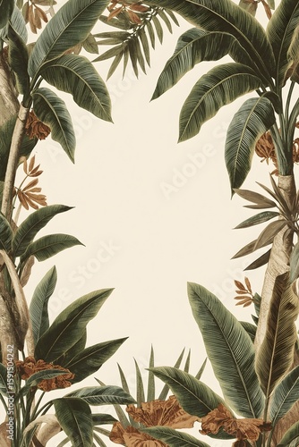 Tropical Botanical Frame with Palm and Banana Leaves in Colonial Engraving Style