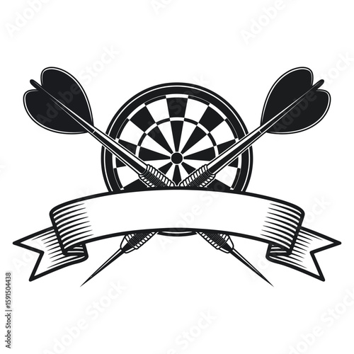 Black and White Dartboard with Darts and Ribbon target