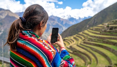 Wallpaper Mural Woman taking photo of Andes terraced fields Torontodigital.ca