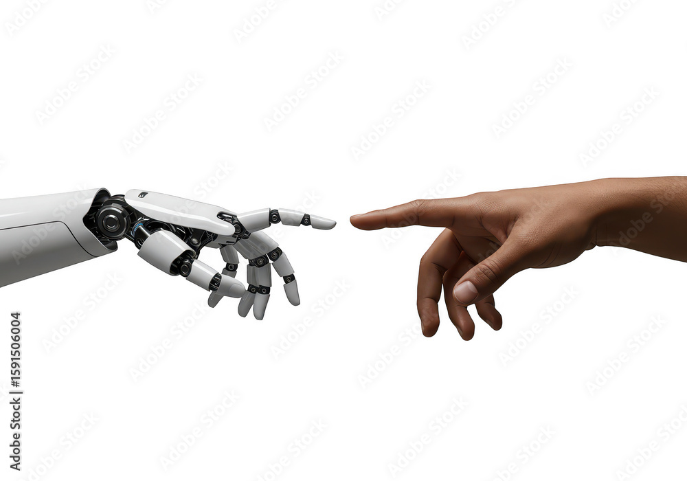 A robotic hand and a human hand reaching out to touch fingertips, symbolizing connection and technology, isolated on a transparent background A robotic hand and a human hand reaching out to touch fingertips, symbolizing connection and technology, isolated on a transparent background