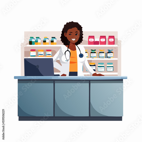 Smiling Person Of Color Behind Pharmacy Counter