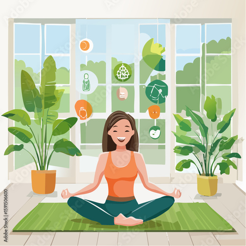 Person Meditating in Lotus Pose on a Mat, Well Lit Room with Plants