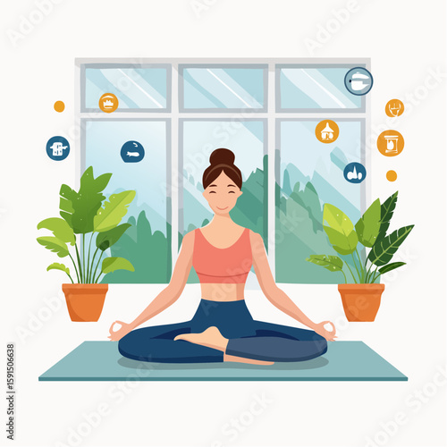Woman Practicing Yoga in Lotus Posture at Home Near Window