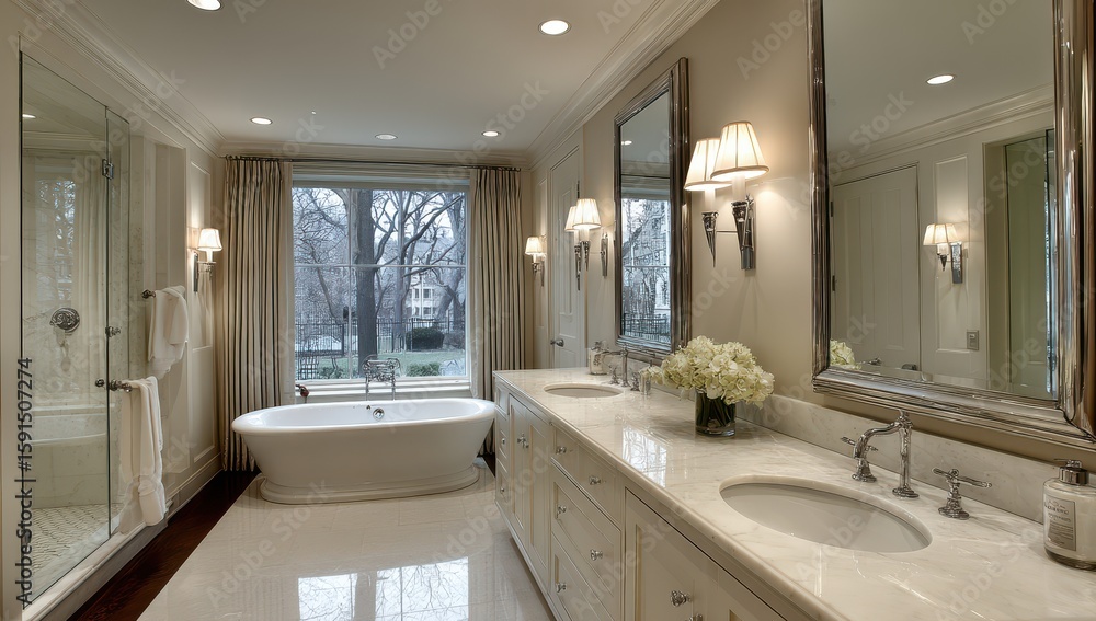 Fototapeta premium Luxurious, light-filled bathroom with a view