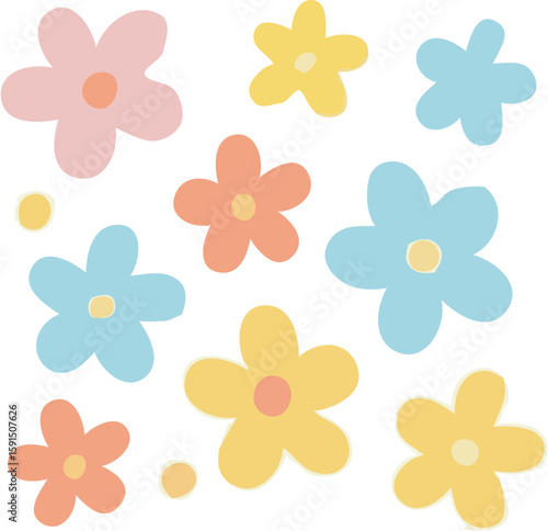 Pastel-colored stylized flowers scattered on a white background.