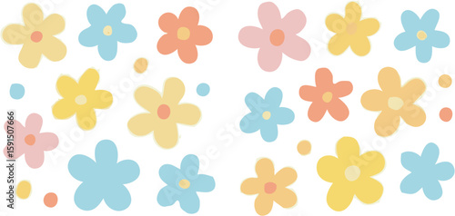 A collection of pastel-colored floral illustrations scattered on a white background, creating a cheerful pattern.