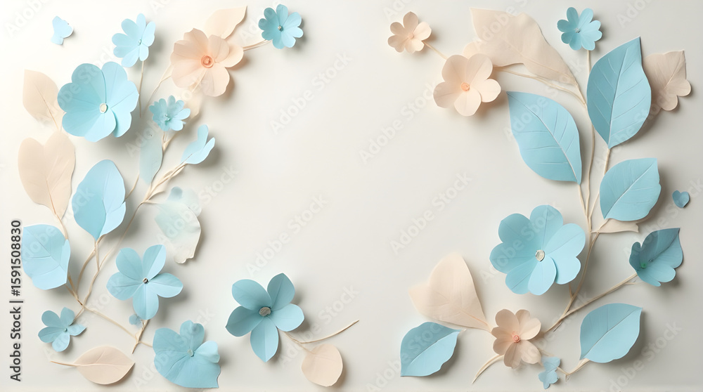 Obraz premium Paper Flowers and Leaves on White Background, Floral Design, Pastel Colors, Craft Art