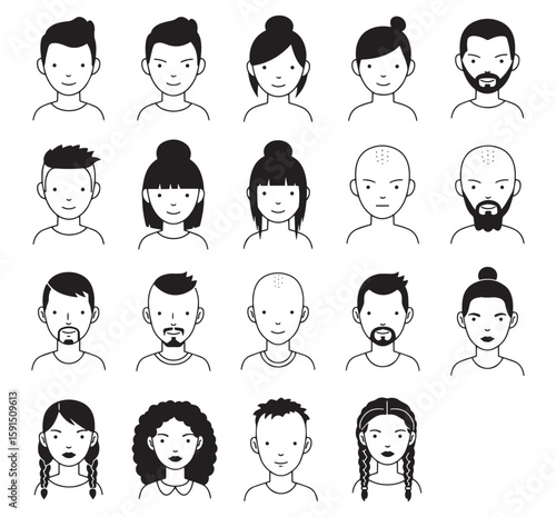 Diverse avatars depicting various hairstyles and facial hair in simple black and white outline