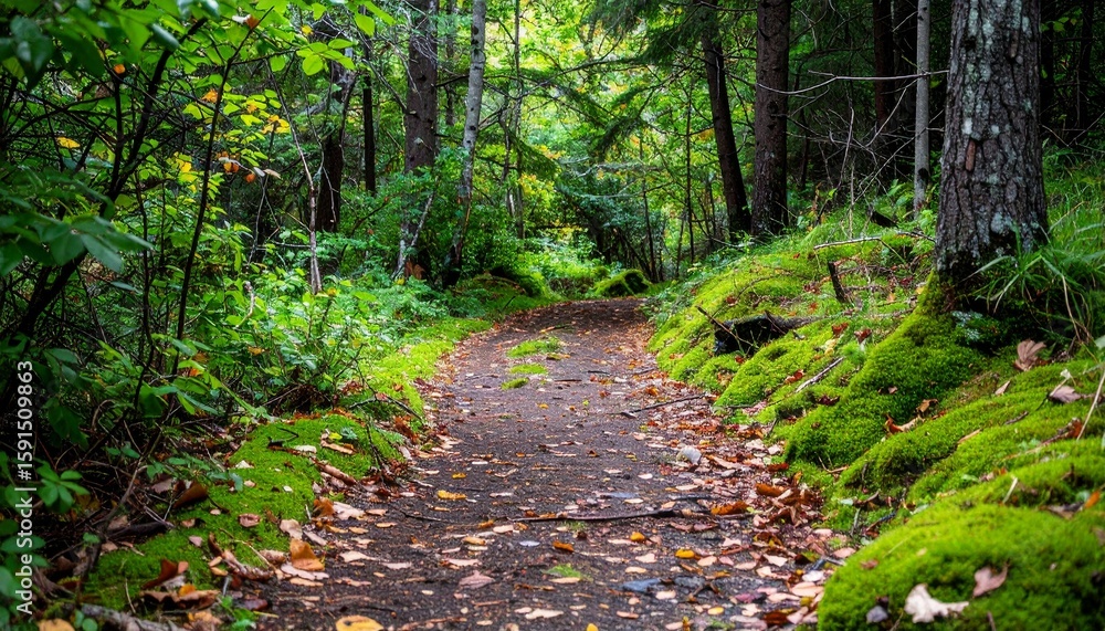 Fototapeta premium Serene forest path with lush green foliage.
