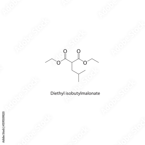 Diethyl isobutylmalonate skeletal structure. Branched dialkyl malonate compound schematic illustration. Simple diagram, chemical formula.