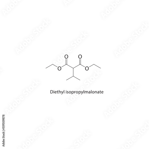 Diethyl isopropylmalonate skeletal structure. Branched dialkyl malonate compound schematic illustration. Simple diagram, chemical formula.