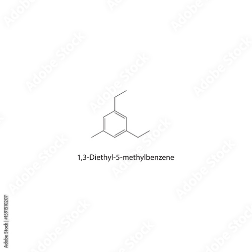 1,3-Diethyl-5-methylbenzene skeletal structure. Alkylated aromatic hydrocarbon compound schematic illustration. Simple diagram, chemical formula.