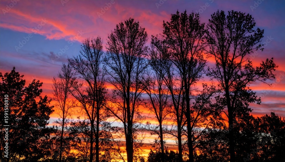 Naklejka premium Colorful sunset over trees