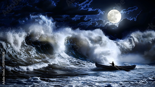 A lone boat battles monstrous waves under a full moon at night.  A figure rows through tumultuous ocean swells