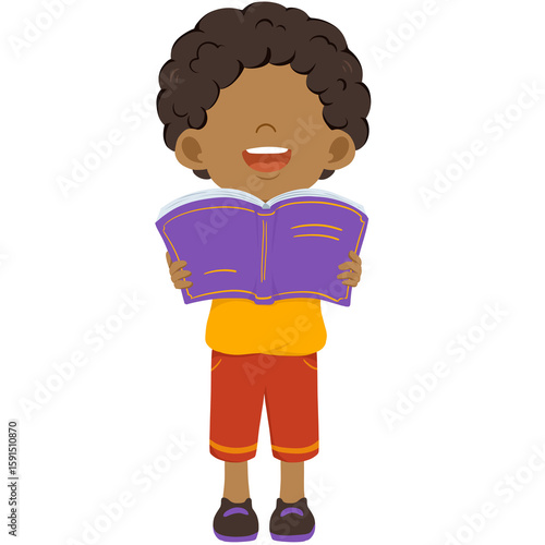 Happy Black Boy Reading a Book Cute Cartoon Illustration