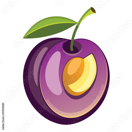 A single fresh plum, halved to show its juicy interior, on a plain white surface, representing delicious, healthy fruit.