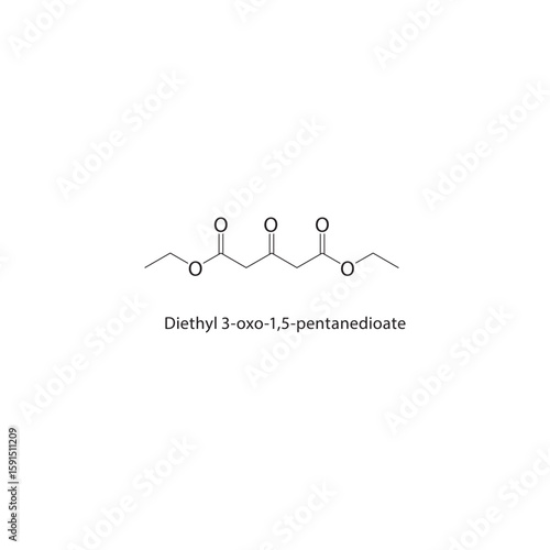 Diethyl 3-oxo-1,5-pentanedioate skeletal structure. Keto diester compound schematic illustration. Simple diagram, chemical formula.