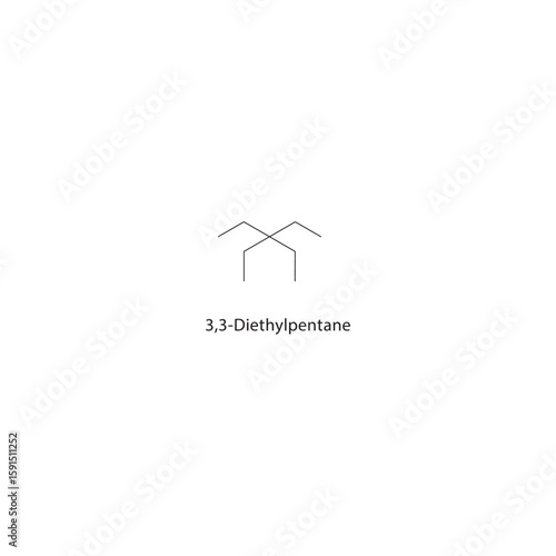 3,3-Diethylpentane skeletal structure. Branched alkane compound schematic illustration. Simple diagram, chemical formula.