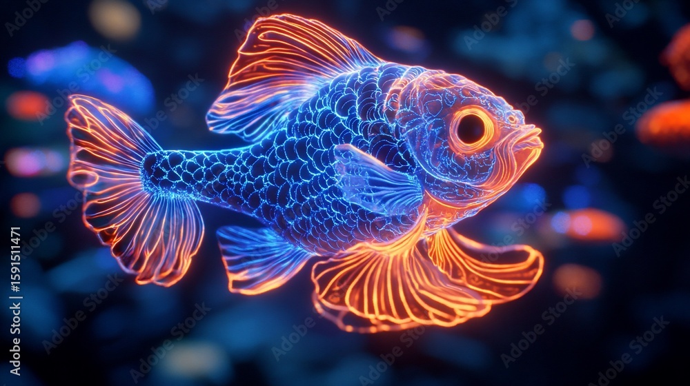 Fototapeta premium Glowing Fish Swims in Deep Ocean, Digital Art