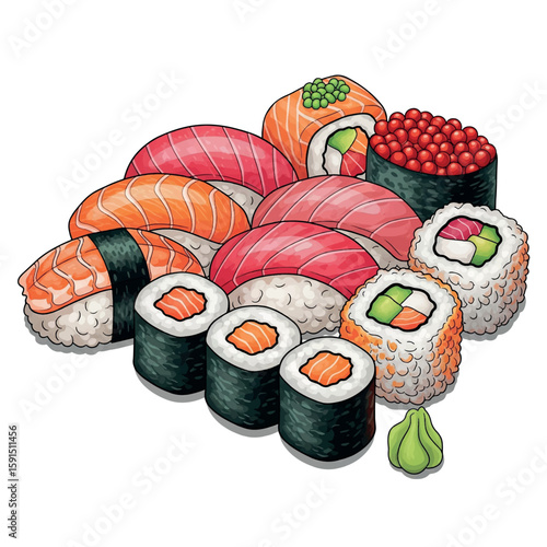 illustration, food, sushi, drawing, rice, japanese, delicious, cuisine, seafood, roll, cartoon, design, salmon, tasty, isolated, art, fish, vector, graphic, cute, meal, asian, icon, seaweed, image, 