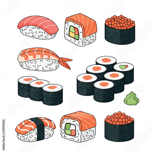 illustration, food, sushi, drawing, rice, japanese, delicious, cuisine, seafood, roll, cartoon, design, salmon, tasty, isolated, art, fish, vector, graphic, cute, meal, asian, icon, seaweed, image, 