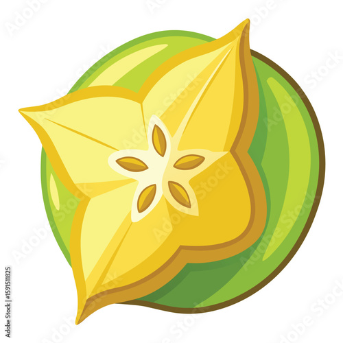 A single fresh starfruit, sliced to reveal its star shape, on a plain white surface, representing unique fruits.