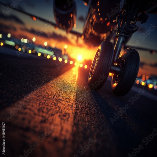 Airplane Landing Gear On Runway At Sunset