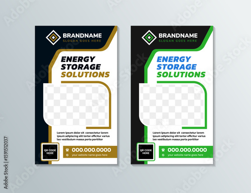 collection of energy storage solutions standee roll up banner template design isolated on white background. vector illustration with photo space.